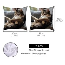 MEMNUN 1个 17.7*17.7英寸(45*45厘米)/19.69*19.69英寸(50*50厘米)/15.75*15.75英寸(40*40厘米) [单面印花] 猫咪读书故事印花涤纶枕套，家居装饰靠垫套，适用于床、沙发、汽车，适合日常使用或高端简约自用，客厅、卧室，[不含枕芯] - 彩色 - 查看 17