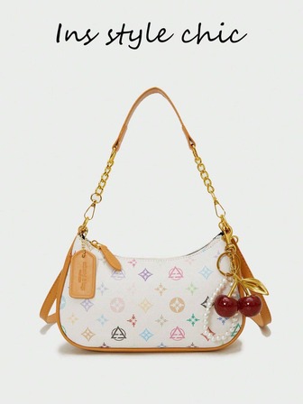 Nuevo bolso de hombro de moda clásico para mujer, bolso baguette multifuncional de tela impermeable de PU, decoración con colgante de perla y cereza, diseño de estampado multicolor de Body completo, bolso de hombro, bolso de sobaco, adecuado para compras, ir al trabajo y salir