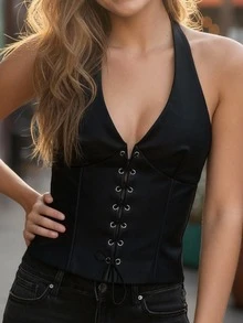 Women PU Leather Zipper Halter Top Tie Up Sleeveless Tank Tops Backless Solid Color Summer Vest Top Club Party Outfits Streetwear - 黑色 - 查看 2