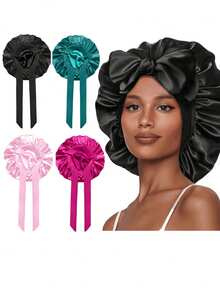 1/2/4 Pieces Of Women's Polyester Large Nightcap, Solid Color Imitation Silk Nightcap, With Adjustable Hair Care Cap With Inner Seam Strap - F - View 7