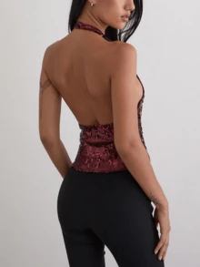 Women Sequin Halter Tank Top Y2K Sparkly Sleeveless Deep V Neck Crop Slim Fit Vest Crop Tops Summer Backless Bling Glitter Low Cut Shirts Going Out Tops Party Clubwear - 紅色 - 查看 2