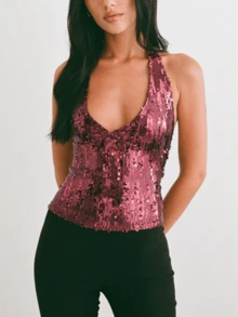 Women Sequin Halter Tank Top Y2K Sparkly Sleeveless Deep V Neck Crop Slim Fit Vest Crop Tops Summer Backless Bling Glitter Low Cut Shirts Going Out Tops Party Clubwear - 紅色 - 查看 5