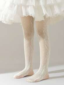 1/2 双女童夏季纯白色/米色镂空蕾丝网眼透气连裤袜，百搭日常穿着