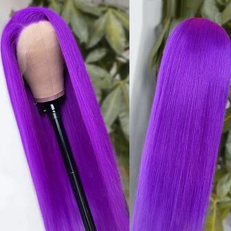 13x4 长直 24 英寸紫色蕾丝前假发，蕾丝前合成假发，带预拔发际线，耐热纤维发丝，丝滑直发假发，适合女性、角色扮演、派对、日常使用