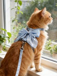 一套可爱猫咪胸背带和牵引绳，LANGXINGCS 狼爪设计，高级时尚防逃脱猫咪散步背心式胸背带，带蝴蝶结，柔软舒适，适合户外使用，适合小型/中型猫咪 - 彩色 - 查看 6