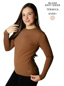 Women's Thermal Polyamide Blouse With UV+50 Sun Protection, Anti-Odor, Base Layer Shirt, Long Sleeves, Winter And Summer, Plain - 摩卡慕斯 - 查看 2