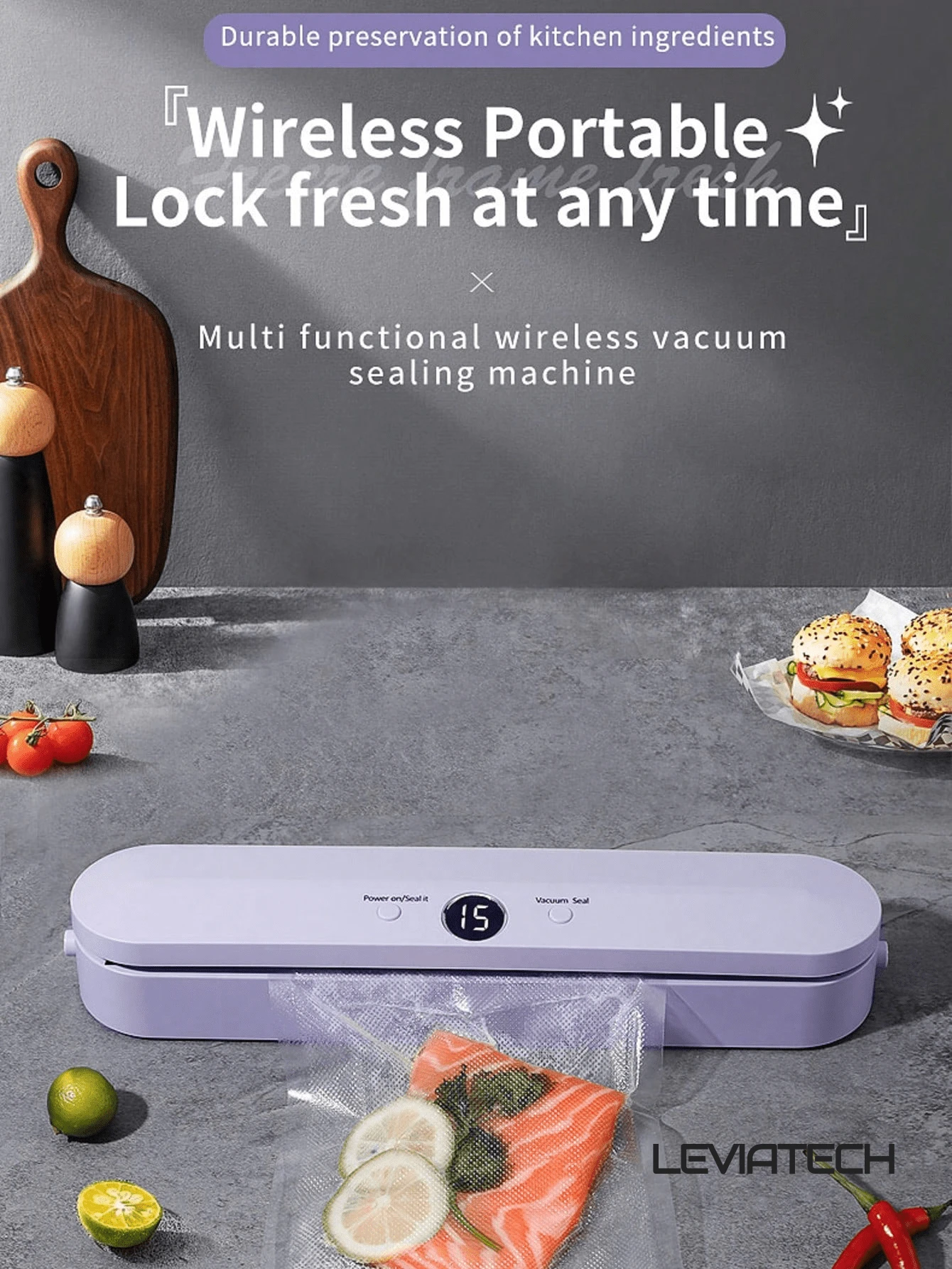 LEVIATECH 升级版智能 LED 显示屏封口机，USB 充电，锂离子电池，食物新鲜厨房收纳盒 | 现代厨房配件 | USB 充电设备，真空封口 - SJT-628 - 查看 1
