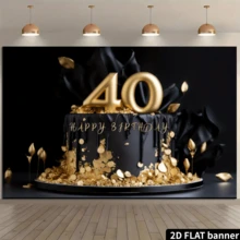 2D flacher 40. Geburtstag Banner Hintergrund, Schwarz & Gold 40. Geburtstag Kuchen Banner Hintergrund, 40. Geburtstags Party Fotografie Kulisse, 40. Alles Gute zum Geburtstag Banner, 40. perfekte Geburtstags Dekoration - Schwarz - Übersicht 9