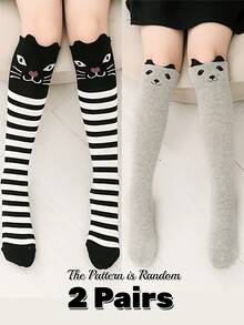 Girls' Knee High Socks, Animal Striped Children Long Socks, Fox, Black Cat Thigh High Stockings - Grey - View 6
