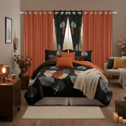 CozyCreatures Elegance Morcha Brown Leaf Print 9-Piece Bedspread Sets With Matching Curtains, Ultra-Soft Microfiber Bedding Collection In Fashin Leaves Pattern, Complete Bed-In-A-Bag Solution For Queen/King/Cal King Sets BedRoom, RVs & Wedding Decor, Skin-Friendly Thermoregulating Machine Washable, All Seasons Festival Of Ideal Gift