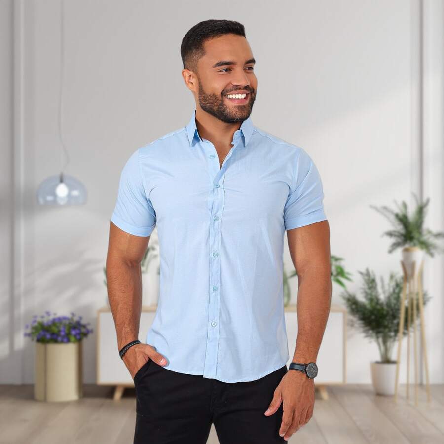 Men's Slim Fit Cotton Button-Down Dress Shirt - Baby Blue - View 1