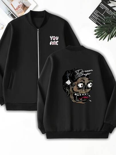 加大码男士轻便休闲个性化印花夹克，春秋时尚防风全拉链外套，透气立领带口袋大衣，经典休闲夹克，罗纹针织袖口和下摆，弹性面料，适合约会、聚会、露营、钓鱼和送礼。