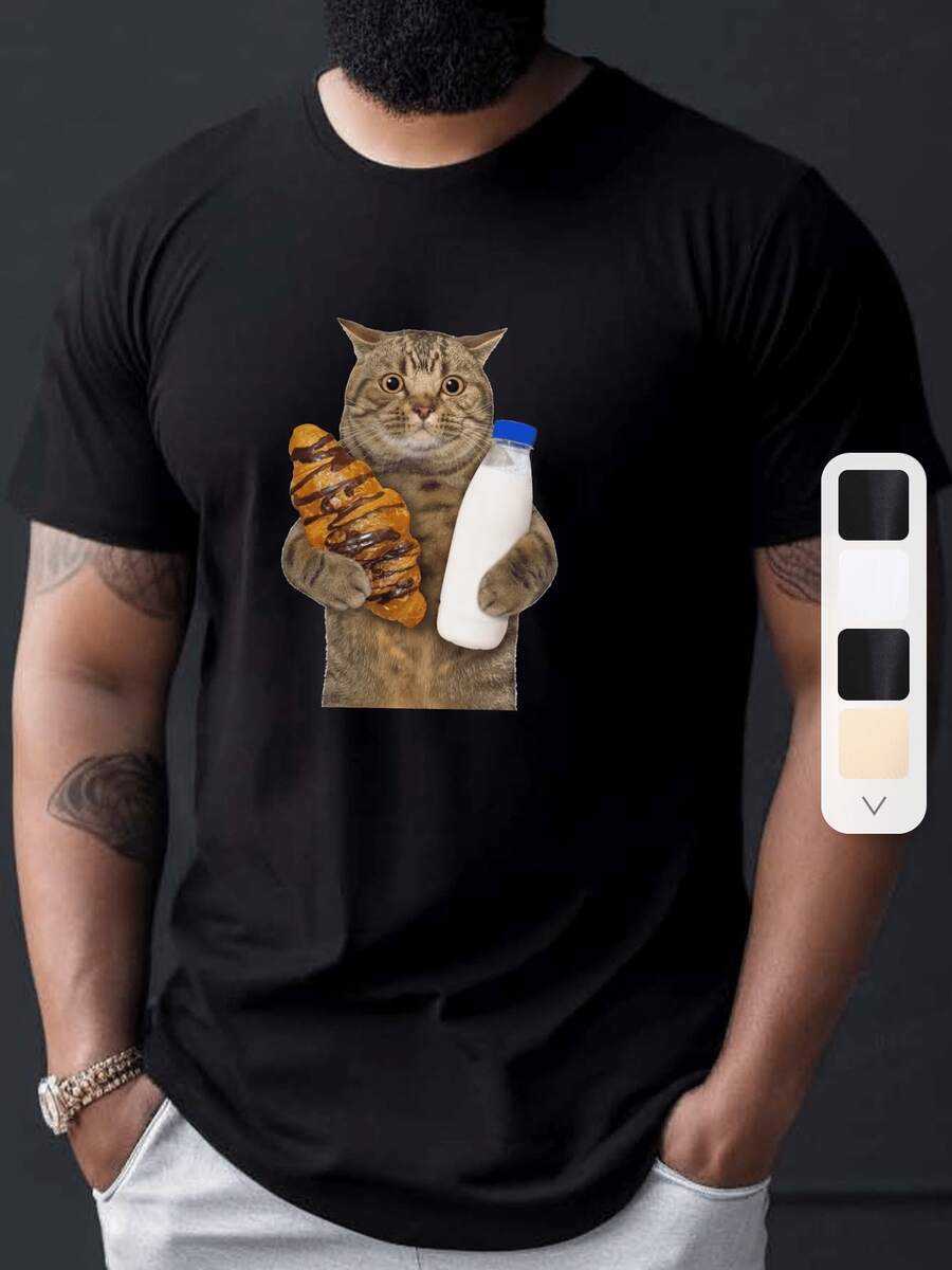 T-Shirt With Milk, Bread And Cute Cat Print, Men's T-Shirts, Casual Short Sleeve T-Shirt For Summer - màu đen - Xem 1