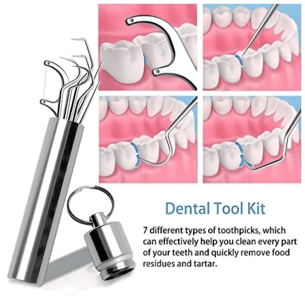 Palitos De Dentes Kit com 7 De Aço Inoxidável Reutilizáveis Portáteis Limpeza Oral - Prata - Visão 1