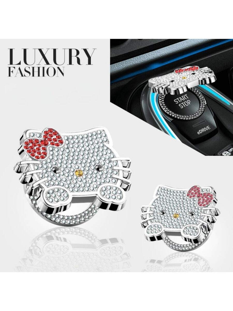 Sanrio Hello Kitty Rhinestone Car Ignition Switch Protective Cover, One-Touch Start Button Protective Cover, Specially Designed For Women, Car Interior Decoration Accessories - Multicolor - View 1