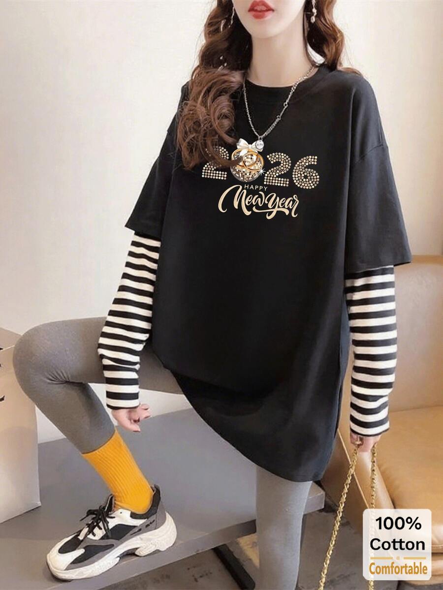 女士纯棉长袖T恤，2026印花二合一圆领基础款上衣，秋冬款 - 黑色 - 查看 1