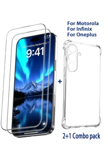 [2 Pieces Of HD Screen-Printed Tempered Glass+ 1 Transparent Drop-Proof Case] ​​This Combo Case Is Compatible With Motorola, Transsion, And OnePlus Phones, Including G Play (2025), G82, Infinix NOTE 40X 5G, Hot 50 4G, OnePlus Nord N100, And 13R 5G. The Case Features Four-Corner Drop Protection, 9H High-Definition Tempered Glass For Shock And Explosion Protection, And Is Oil And Water Resistant. - Clear - View 3