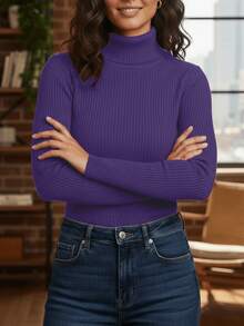 Elegant Women's Turtleneck Ribbed Long Sleeve Winter Cold Weather Casual Thermal Knit - Màu tím - Xem 1
