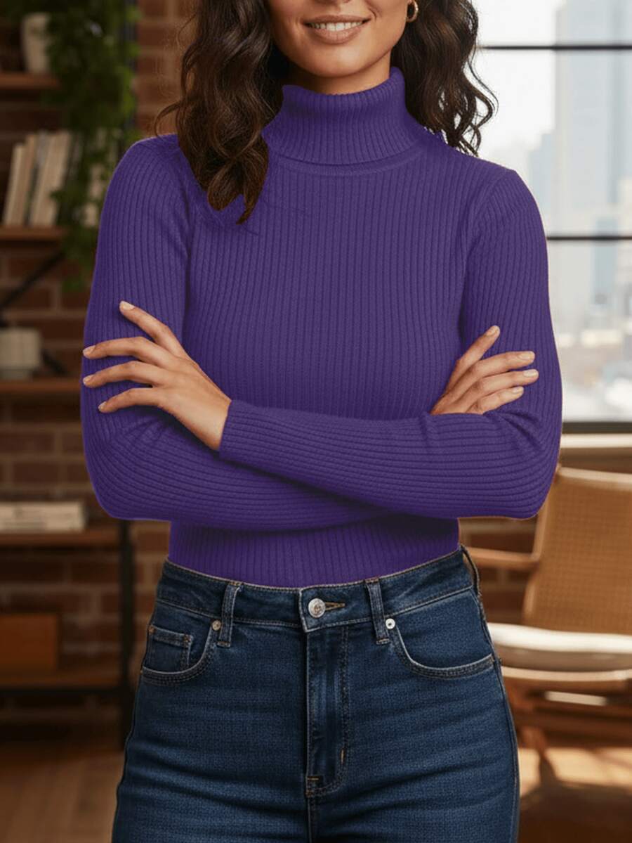 Elegant Women's Turtleneck Ribbed Long Sleeve Winter Cold Weather Casual Thermal Knit - Màu tím - Xem 1