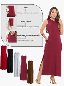 Women's Long Sleeveless Dress With Pockets And Side Slit, Elegant, Casual, Cotton - 黑色 - 查看 4
