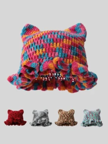 1pc Women's Colorful Cute Cat Ear Handmade Knitted Hat, Fashionable Warm Decorative Hat For Autumn/Winter, Knitted Beanie For Spring/Fall - Knitted Hat - View 7