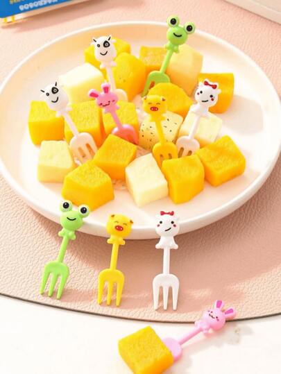 Juego de 10 piezas de tenedores de mesa con diseño de animales de dibujos animados creativos de ABS (ángulo de 70 grados) para frutas, con colores y estilos aleatorios y mezclados
