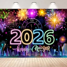 1件2026新年快乐背景幕布,彩色烟花倒计时时钟图案,可悬挂,涤纶面料,适用于新年礼物、花园庭院装饰、花园旗帜、节日冬季假日拍照区、2026新年快乐装饰、墙面家居装饰 - 彩色 - 查看 2