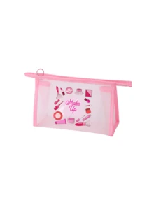 Multifunctional Mesh Cosmetic Bag With Pink Cosmetics, Nail Polish And Makeup Sponge Pattern Makeup Bag Make Up Organizer Toiletry Travel Bag - Multicolor - View 15