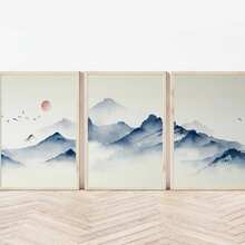 3幅帆布墙画海报，日式风景油画三联套装，中世纪现代复古风格无框山水画，适合客厅和卧室装饰，室内使用 - 彩色 - 查看 12
