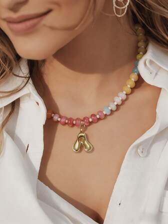 1pc שרשרת חרוזים מתכווננת מינימליסטית, שרשרת קולר מאבני חן חרוזים צבעוניות, שרשרת תליון אותיות בועות מזהב 14 קראט עם אבן טבעית, תכשיטים בעבודת יד מתנה לחוף הים בקיץ (ייתכן הבדל צבע קל עקב צילום)