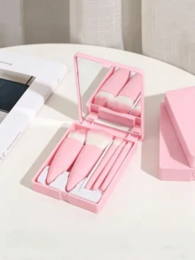 5件套便携式化妆刷套装，带镜子，盒装化妆刷套装，多功能散粉刷，腮红刷（带镜盒），迷你多功能散粉刷，粉底刷，眼影刷，晕染刷，美妆工具套装