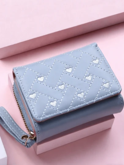 Women's Fashion Embroidered Heart Wallet - Short Tri-Fold Leather Blue Coin Purse With Multiple Card Slots For Women Money Wallet Mini Wallet Purse Wallet Small Wallet Cute Wallet Wristlet Wallet Purses For Woman Wallet For Ladies