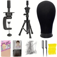 22-Inch Wig Head With Tripod Stand, Canvas Wig Head Holder With Mannequin Head, Wig-Making Display Mannequin Head Block Set. Includes One Pack Of HD Wig Caps, One Pack Of Breathable Fishnet Hair Nets, T-Pin Set, Specialised Styling Comb, And Five Large Hair Clips. Suitable For Wig Enthusiasts, Styling Design And Practice. - 黑色 - 查看 9