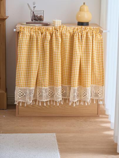 1片蕾丝边饰黄白格子亚麻质感窗帘，复古日式风格，适用于卧室、客厅、橱柜装饰
