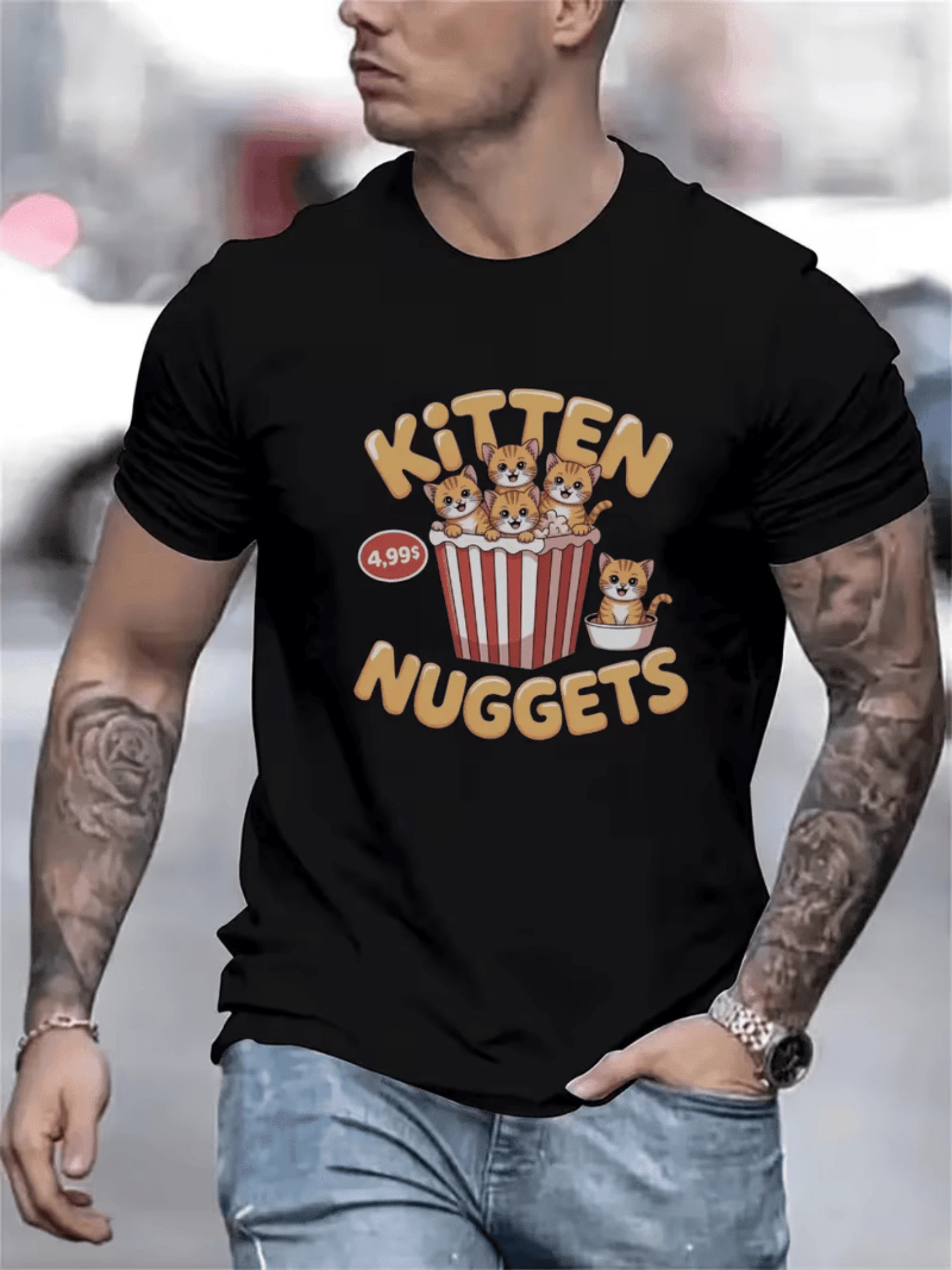 grupo de adorables gatitos simpáticos saliendo de una caja de palomitas con rayas rojas y blancas transmitiendo ternura y humor en un concepto divertido que llama la atención por su creatividad camiseta de hombre 220g 100% algodón - Negro - Ver 1