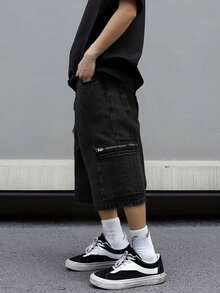 1件夏季男士时尚拉链工具口袋宽松阔腿牛仔七分裤 - 黑色 - 查看 4