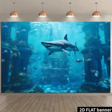 2D平面单件鲨鱼水下世界摄影背景生日派对横幅装饰,水族馆海洋背景拍照亭,横幅装饰 - 藏蓝色 - 查看 8