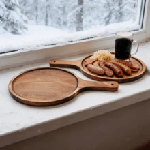 1pc Acacia Wood Tray With Handle - Serving Platter For Pizza, Bread, Cheese, Charcuterie, Fruit, Vegetables - Natural Wood/Brown Color, Snack Tray, Wooden Tray, Minimalist Design, Kitchen Supplies, Living Room/Bedroom & Ramadan Decor - Brown - View 5