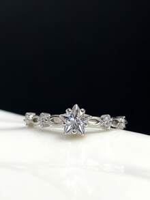 1枚S925纯银镶嵌合成立方氧化锆五角星女士戒指，优雅百搭，适合日常佩戴，波西米亚风格 - 銀色 - 查看 4