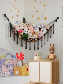 Stuffed Animal Storage Hammock Net,1PC-Ornament Hammock Macrame,Stuff Animal Storage Corner Hanging Net Holder,Mesh Hammock Fabric Ornament Organizer With Hooks,For Bedroom,Hanging Stuff Animal,Organizer Holder Large Size,Room Decor, Boho Valentine - 黑色 - 查看 4