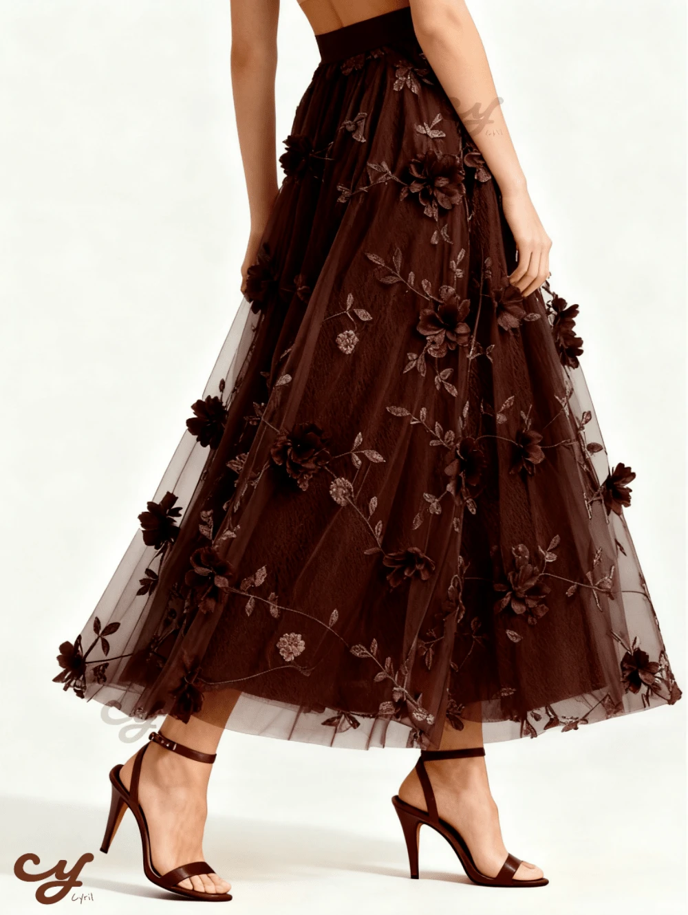Midi Tulle Skirt With Elegant 3D Flowers - Various Colors - Sizes S To XL - 深棕色 - 查看 1
