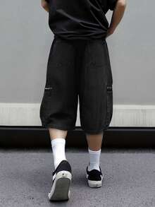 1件夏季男士时尚拉链工具口袋宽松阔腿牛仔七分裤 - 黑色 - 查看 2