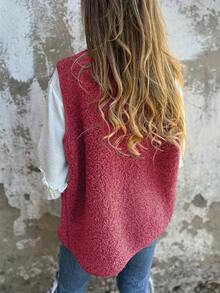 Plus Size Women Elegant Casual Front Button Pocket Vest Jacket, Suitable For Daily Commute - Hot Pink - View 3