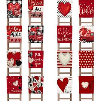 4 st, Alla hjärtans dag-stolsöverdrag, Love You More Be Mine, röda hjärtan lastbilsränder rutiga dekorativa, lantlig bröllopshemdekoration