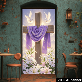 2D Flat 1 Piece Polyester Easter Resurrection Gate Banner, Christian Jesus Cross Design, Eggs, Lilies And Purple Ribbon, Indoor And Outdoor Banner For Home Decor, Seasonal Party Decoration, Photo Backdrop, Carnival Theme