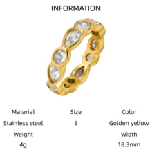 VKHK 1 件 18K 镀金不锈钢水滴心形锆石装饰单戒指，适合女性日常和婚礼佩戴，礼物 - 彩色 - 查看 18