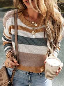 Women's Casual Colorblock Striped Drop Shoulder Long Sleeve Sweater, Christmas & New Year - Multicolor - View 3