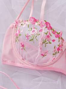 Pink Floral Embroidered Lace Lingerie Set, French Chic Sheer Ultra-Thin Sexy Bra - Pink - View 4