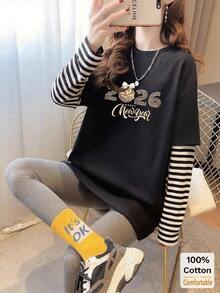 女士纯棉长袖T恤，2026印花二合一圆领基础款上衣，秋冬款 - 黑色 - 查看 4