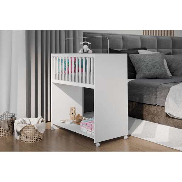 Mini Berço Baby 2 em 1 Multifuncional escrivaninha Rodizio com Colchão Branco